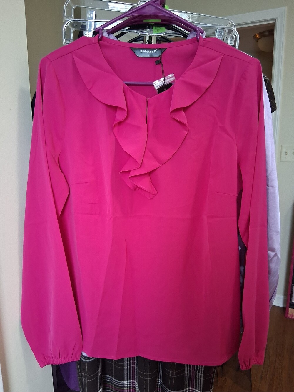 Allegra K Hot Pink Ruffle-Front Long Sleeve Blouse